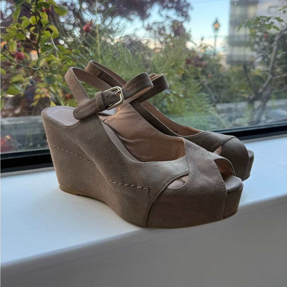 Stuart Weitzman Grey/Taupe Turnover Suede Wedge Platform Sandals